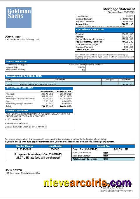 USA Goldman Sachs bank mortgage statement